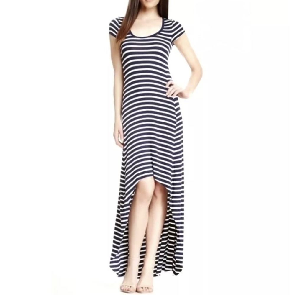 BCBGMaxAzria Striped Knit Maxi Dress Navy White High Low Hem Women's